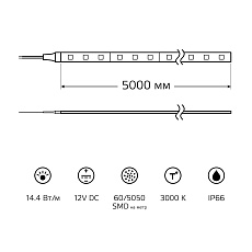 Светодиодная влагозащищенная лента Gauss 14,4W/m 60LED/m 5050SMD теплый белый 5M 311000114 1