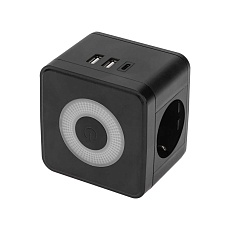 Двойник электрический Куб 16А с/з + 2хUSB-A 2,4А + USB Type-C 3А с ночной подсветкой, черный REXANT 11-1252