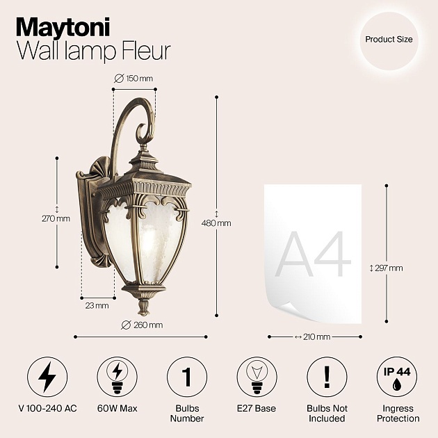 Уличный настенный светильник Maytoni Fleur O414WL-01GB изображение 2 Уличный настенный светильник Maytoni Fleur O414WL-01GB Фото № 2