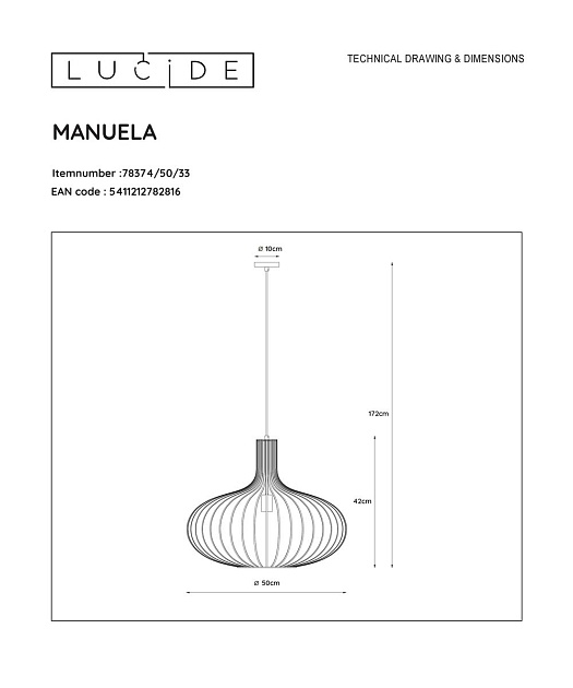 Подвесной светильник Lucide Manuela 78374/50/33 изображение 2 Подвесной светильник Lucide Manuela 78374/50/33 Фото № 2