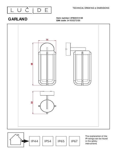 Уличный настенный светильник Lucide Garland 27822/01/30 изображение 2 Уличный настенный светильник Lucide Garland 27822/01/30 Фото № 2